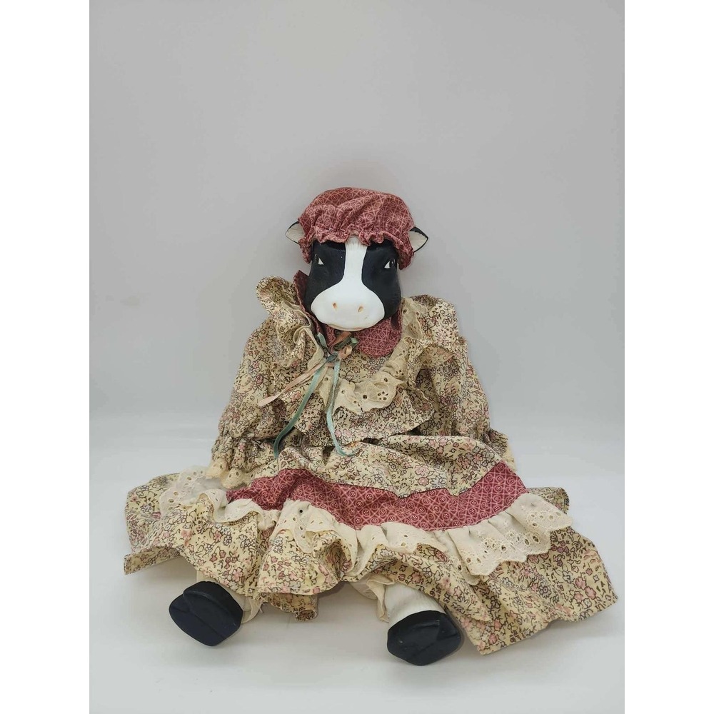 Vintage Porcelain Cow Doll Country Farmhouse Decor Floral Lace Prairie Dress